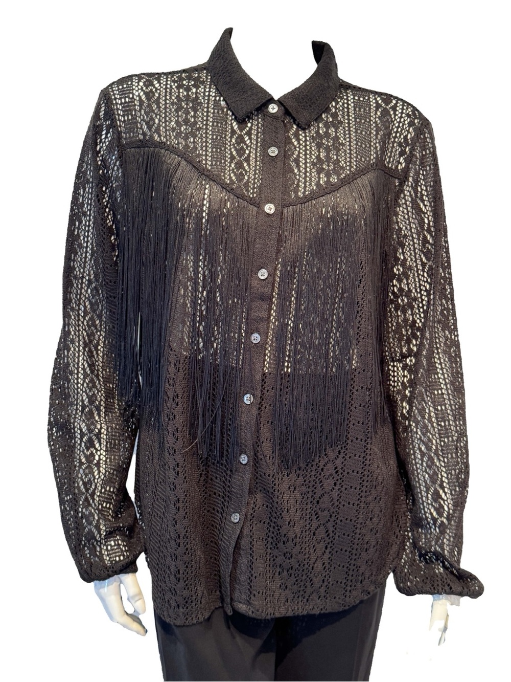 Idyllwind Black Lace Fringe Western Blouse Button Front M - Picture 7 of 11
